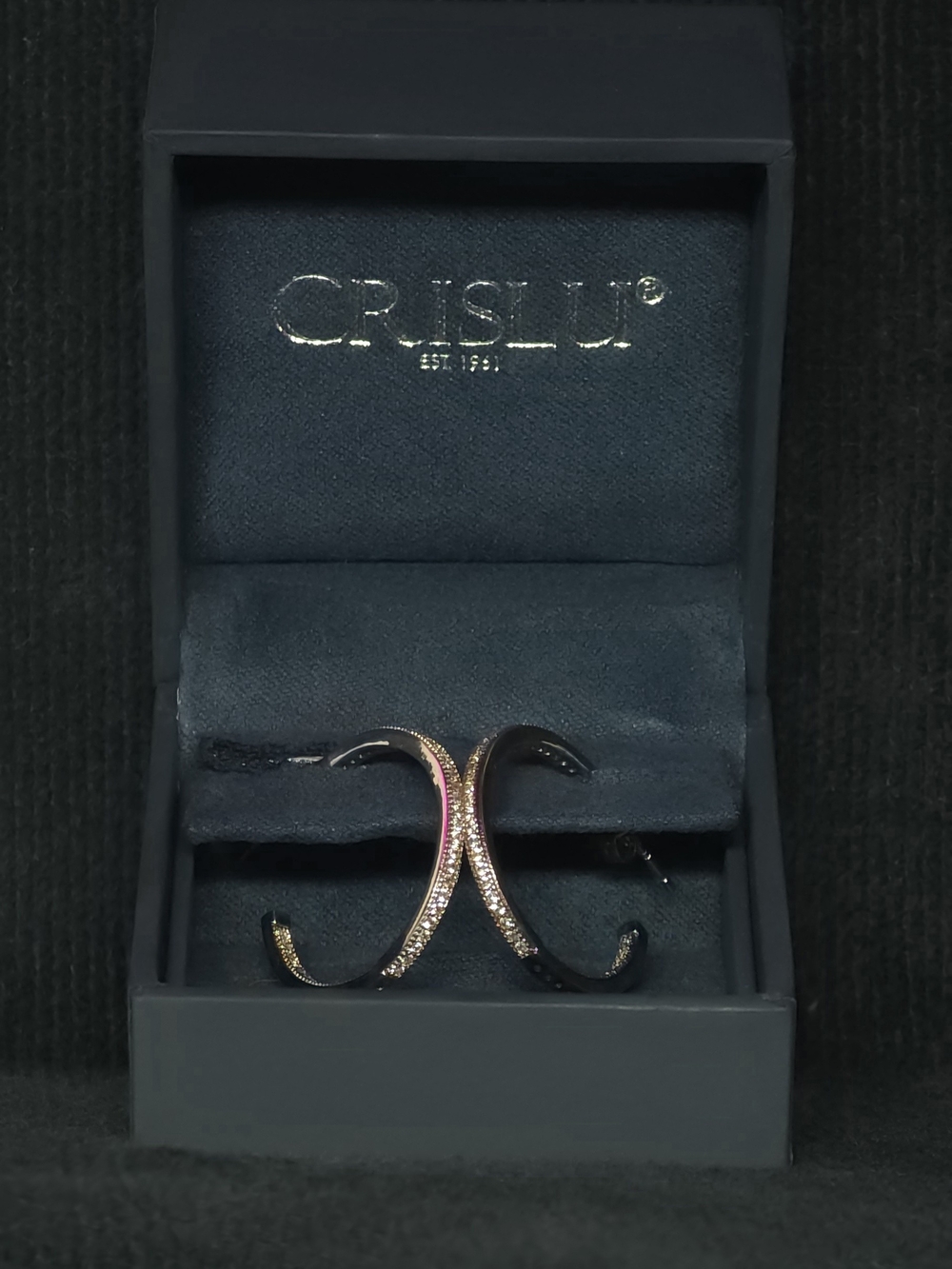 NIB CRISLU Small Gold Open Hoop Earrings - Channel Set CZ .925 Silver